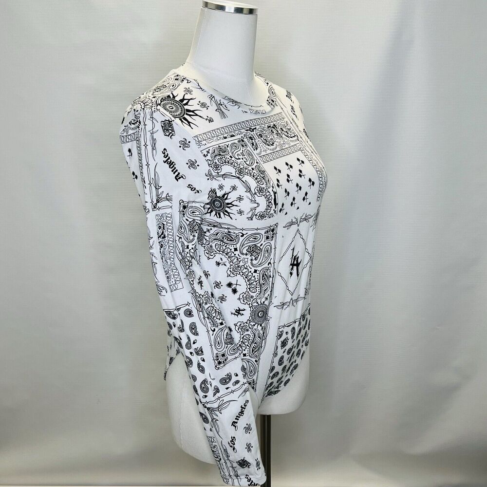 Forever 21 x Hot Wheels Bodysuit Womens Size Large LA Paisley Black White Logo